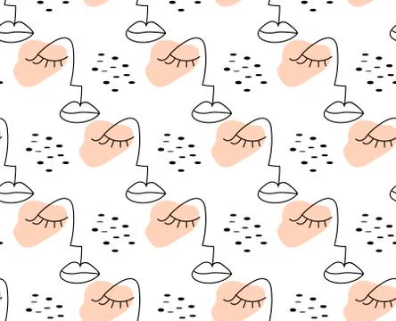 Abstract pattern in modern hipster style with one line woman face. Trendy Illustrazione stock