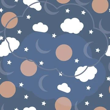 Abstract pattern of moon, clouds and stars. Stock Illustration