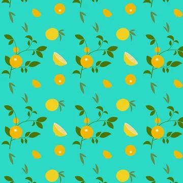 Abstract pattern with orange and leaves on blue background. Vector. Stock Illustration