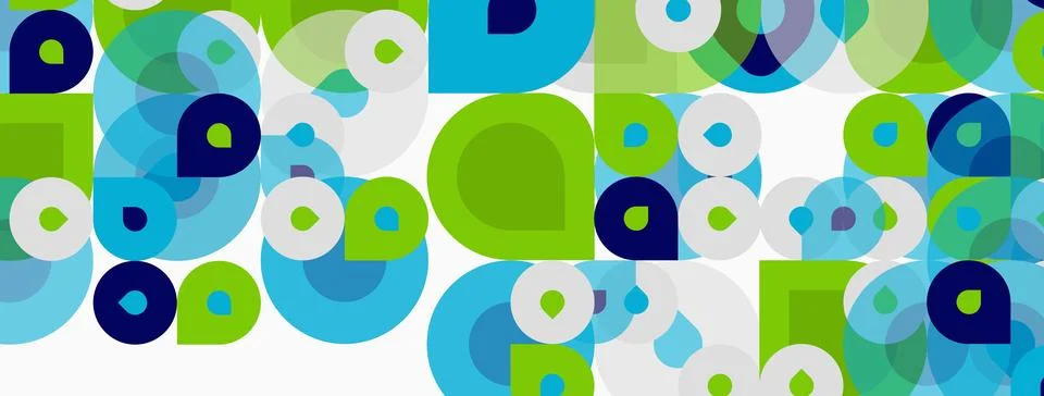 Abstract pattern. Overlapping circles, varying sizes, blue, green, white hues Stock Illustration