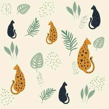 Abstract pattern in pastel shades with leopards and cougars 스톡 일러스트