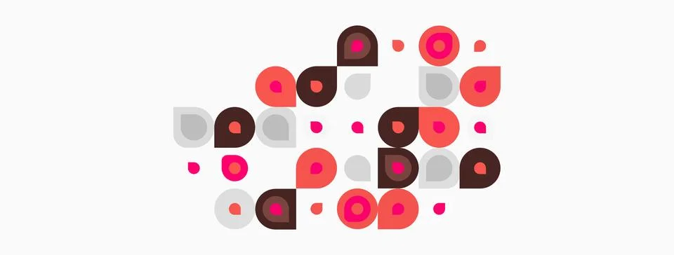 Abstract pattern. Pink, brown circles, squares scattered across white backg.. Stock Illustration