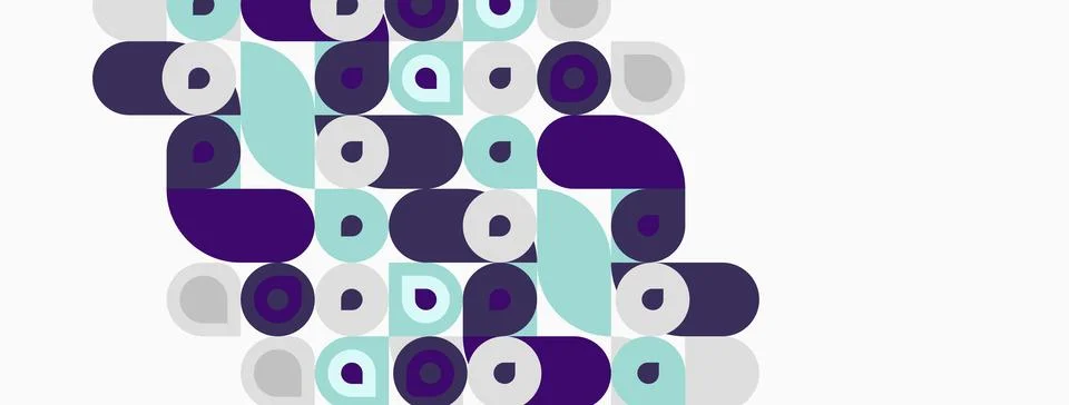 Abstract pattern. Purple, teal circles, squares overlap white background. Illustrazione stock