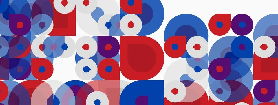 Abstract pattern. Red, blue circles overlap white background. Geometric shape Illustrazione stock