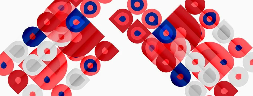 Abstract pattern. Red, blue, gray circles, squares overlap creating dynamic Stock Illustration