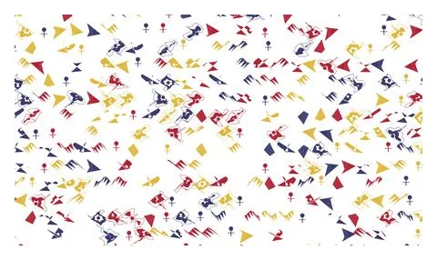 Abstract pattern with red blue yellow geometric shapes and ankh symbols on .. Stock Illustration