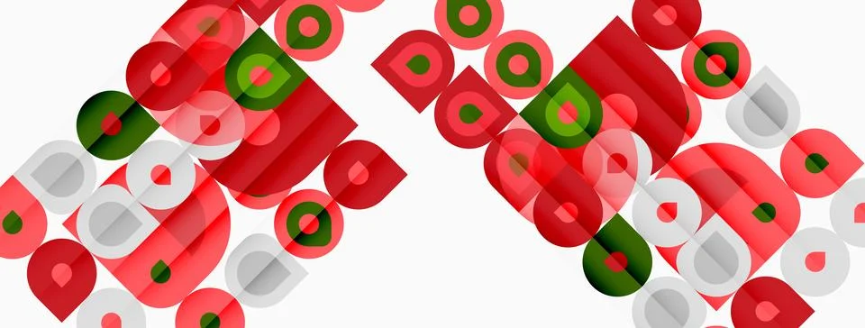 Abstract pattern. Red, green, white circles overlap rectangles. Modern design Illustrazione stock