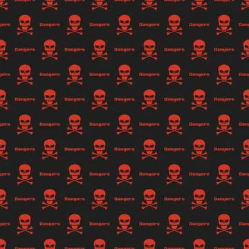 Abstract pattern. Red skulls on a black background. Inscription danger. Vec.. Stock Illustration