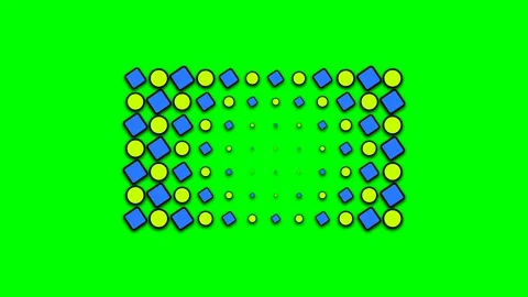 Abstract pattern of rotating blue squares and yellow circles on green Stock Footage 340268231