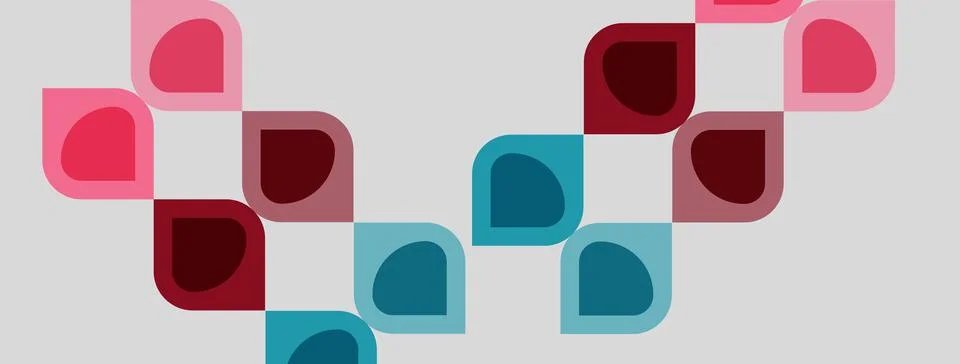 Abstract pattern. Rounded squares, varying shades pink, red, teal. Minimalist Stock Illustration