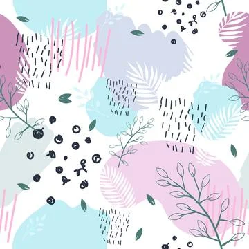 Abstract pattern is showing pastel blobs, leaf sketches, brush strokes, dot Stock Illustration