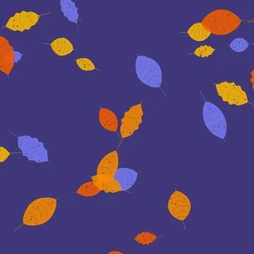Abstract Pattern of Stylized Colorful Leaves Falling on Dark Purple Background Illustrazione stock