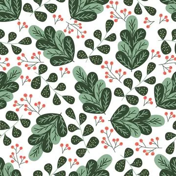 Abstract pattern with stylized green leaves, branches and berries. Stock Illustration