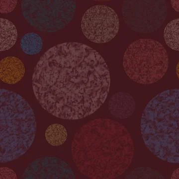 Abstract pattern with textured circles in blue, red, purple on maroon background Stock Illustration