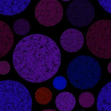 Abstract pattern with textured purple, blue, red circles on black background Stock Illustration