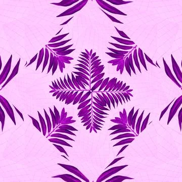 Abstract pattern of tropical branches of a palm tree in purple on a pink Stock Photos