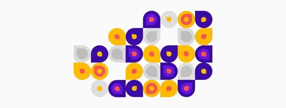 Abstract pattern using purple, yellow, gray circles. Shapes create textured, Stock Illustration