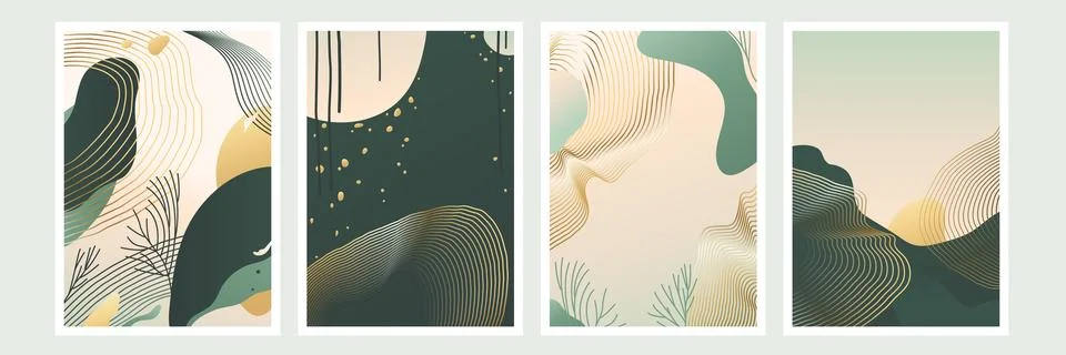 Abstract pattern vector background. Minimal poster design with wave lines, plant Illustrazione stock