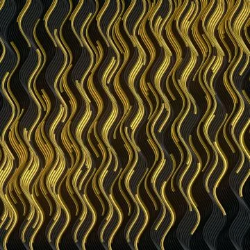 Abstract pattern with wave bend gold lines on dark plastic background. 3d render Illustrazione stock