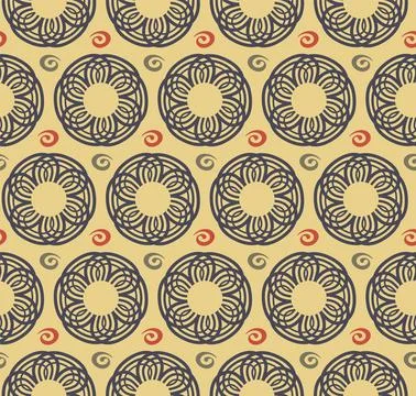 Abstract pattern on a yellow background of circles and colored swirls. Illustrazione stock