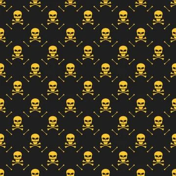 Abstract pattern. Yellow skulls on a black background. Death in the dark. C.. Illustrazione stock