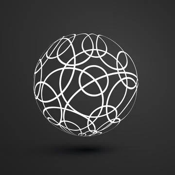 Abstract patterned sphere of tangled curvy, circular white lines on a black.. Stock Illustration