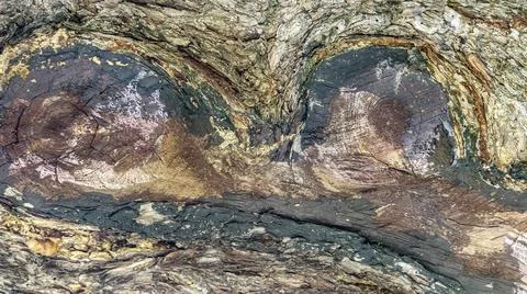 Abstract patterns of dark resin and wood grain on a tree trunk Foto stock