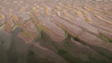 Abstract patterns of the exposed Danube riverbed during extremely low water Stockbeeldmateriaal 342751244