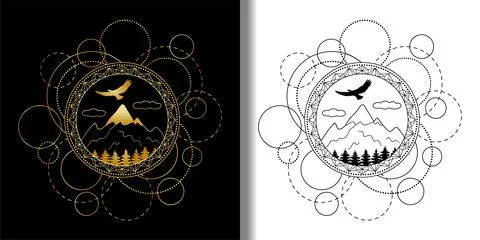 Abstract patterns set with mountains, trees and eagle Stock Illustration