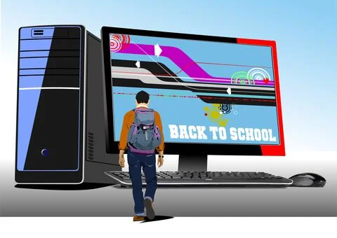 Abstract pc desktop with Young man image. Back to school. Stock Illustration