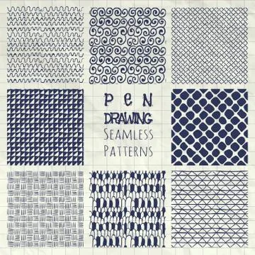 Abstract Pen Drawing Seamless Background Patterns Set Stock Illustration