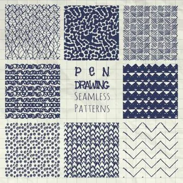 Abstract Pen Drawing Seamless Background Patterns Set Stock Illustration