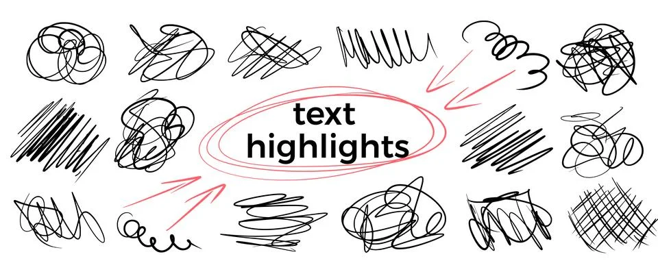 Abstract pen scribbles. Hand-drawn tangled circles, scratches, squiggles and Illustrazione stock