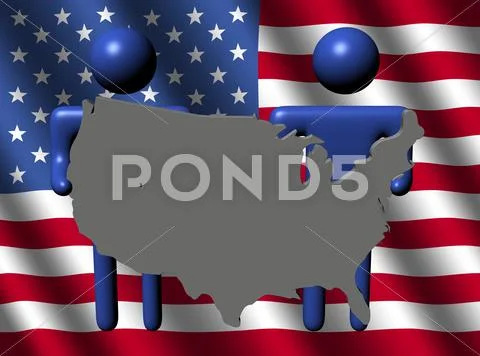 Abstract people holding usa map sign with rippled flag illustration Stock Illustration