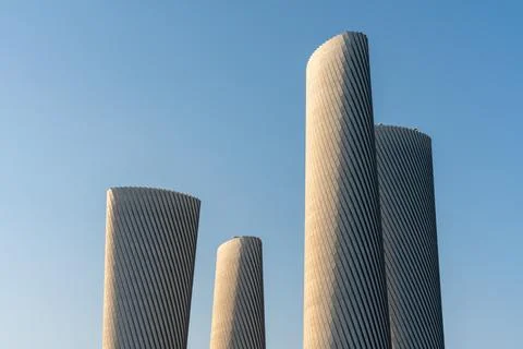 Abstract perspective of the high-tech Lusail Plaza Towers in Lusail City. Stock Photos