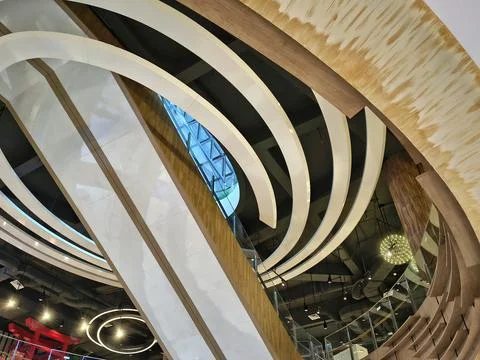 Abstract perspective looking up at a modern interior ceiling Stock-Fotos