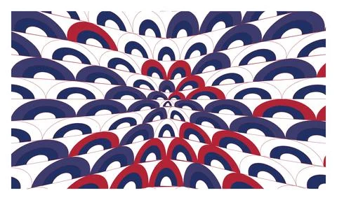 Abstract perspective pattern with red and blue semi circular shapes on whit.. Stock Illustration