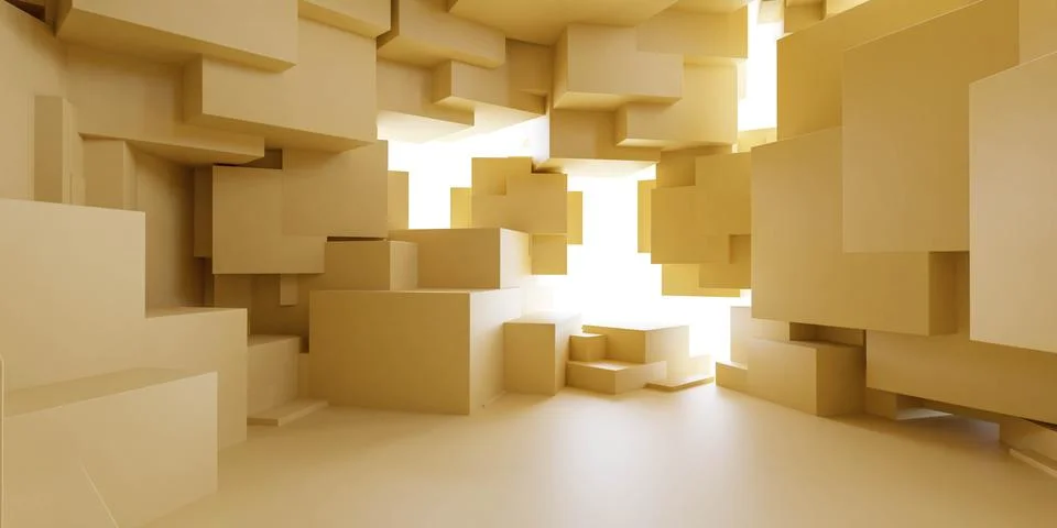 Abstract Perspective of a Three-Dimensional Geometric Space With Beige Cubes 3d Stock Illustration