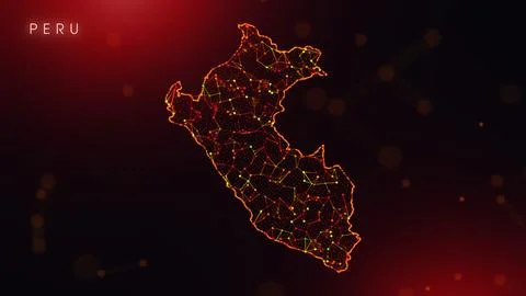 Abstract Peru Map Digital Network Background With Red And Orange Plexus Dots Illustrazione stock