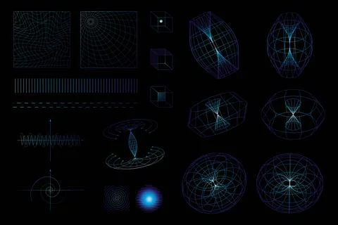 Abstract physics-inspired blue and purple wireframe structures, spirals, grids 스톡 일러스트