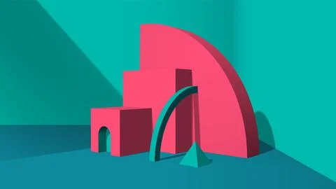 Abstract pink 3D objects or elements installation in the green room for a Illustrazione stock