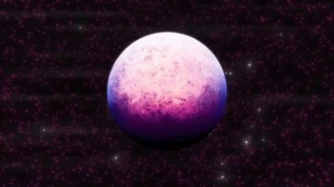 Abstract pink 3d planet rotates in space. Scattering particles render 3d. Motion Illustrazione stock