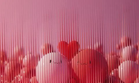 Abstract Pink Background with Cute Sphere Characters and Red Hearts Behind .. 스톡 일러스트