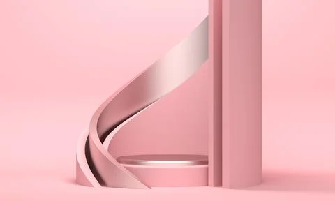 Abstract pink background with platform and swirling metal shape. 3d rendering Illustrazione stock