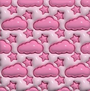 Abstract pink background with white puffy clouds and stars, 3D rendering il.. Stock Photos
