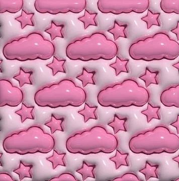 Abstract pink background with white puffy clouds and stars, 3D rendering i... Stock Photos