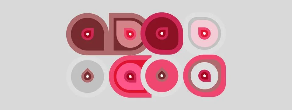Abstract pink circles, squares, rectangles overlap gray background. Minimalis Stock Illustration