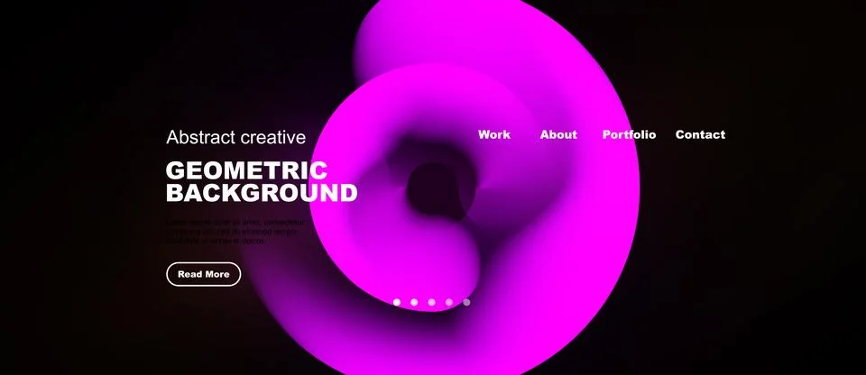 Abstract pink design dominates black background. Website navigation includes Stock Illustration