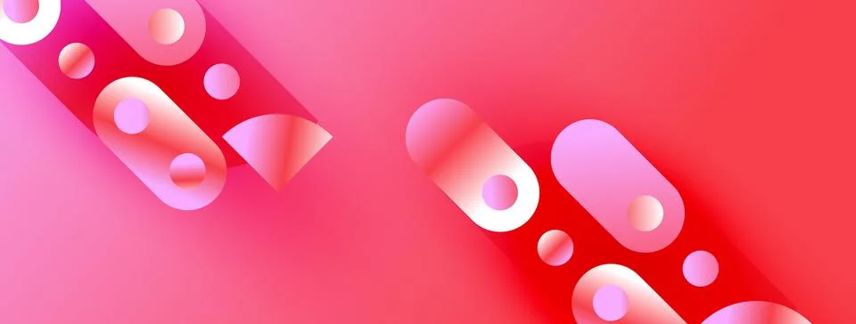 Abstract pink design features overlapping circles, ovals, rectangles. Gradien Illustrazione stock