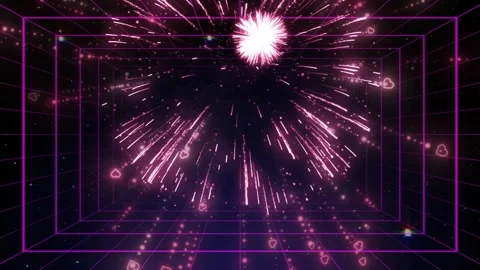 Abstract pink fireworks explosion with heart shapes in retro synthwave grid Stock Footage 337461294